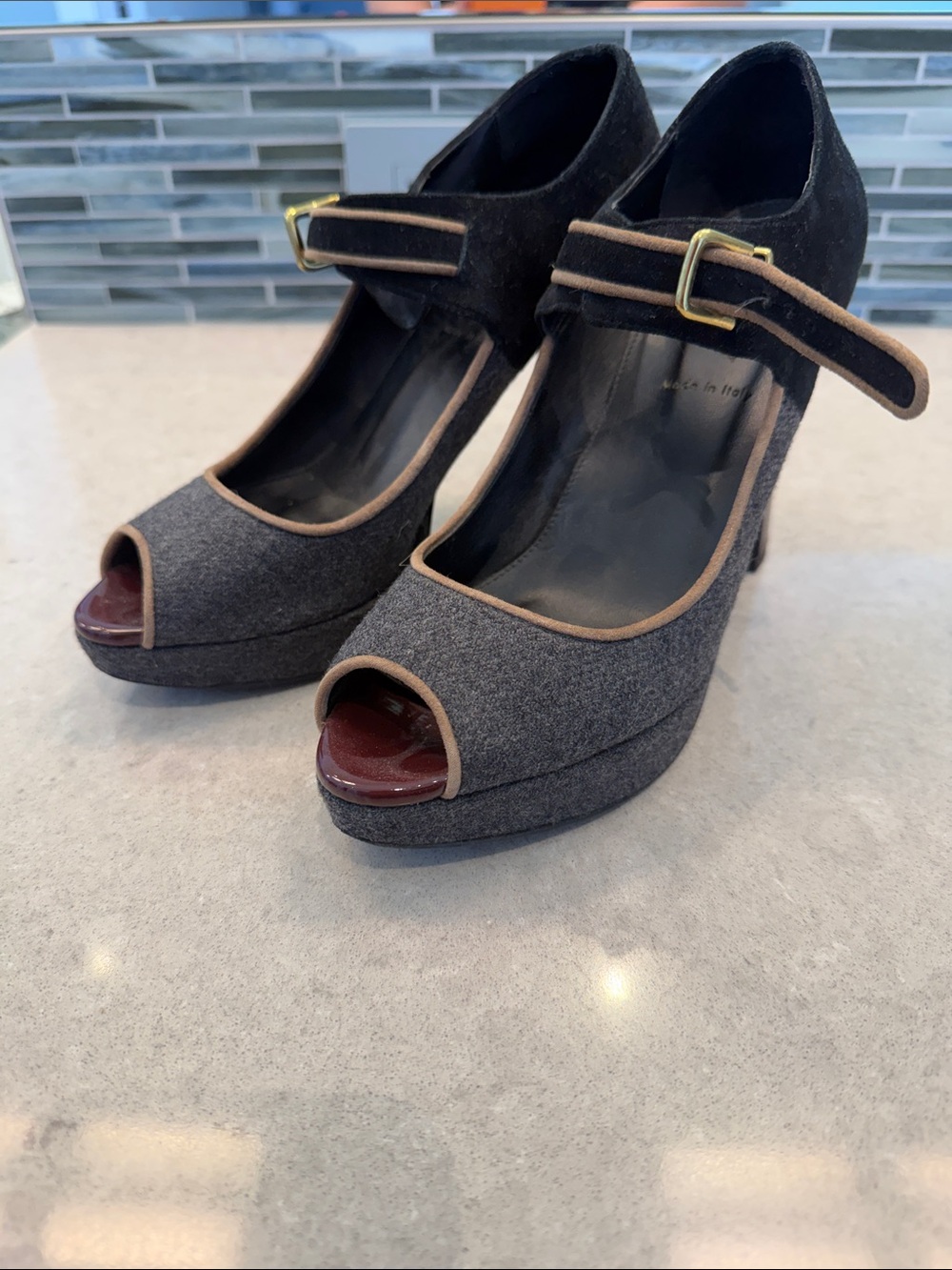 Rare J. Crew Collection Gray and Black Peep Toe Platform Heels with Ankle Strap